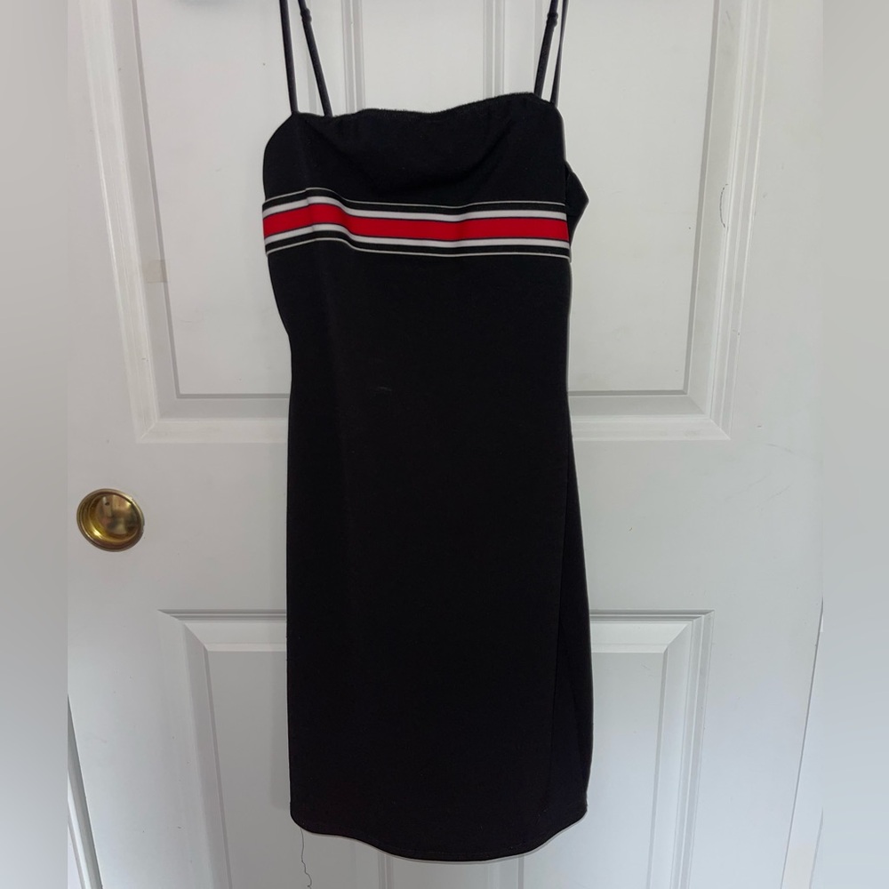 Black Mini Tube Dress with Red and White Stripe Detail Size S